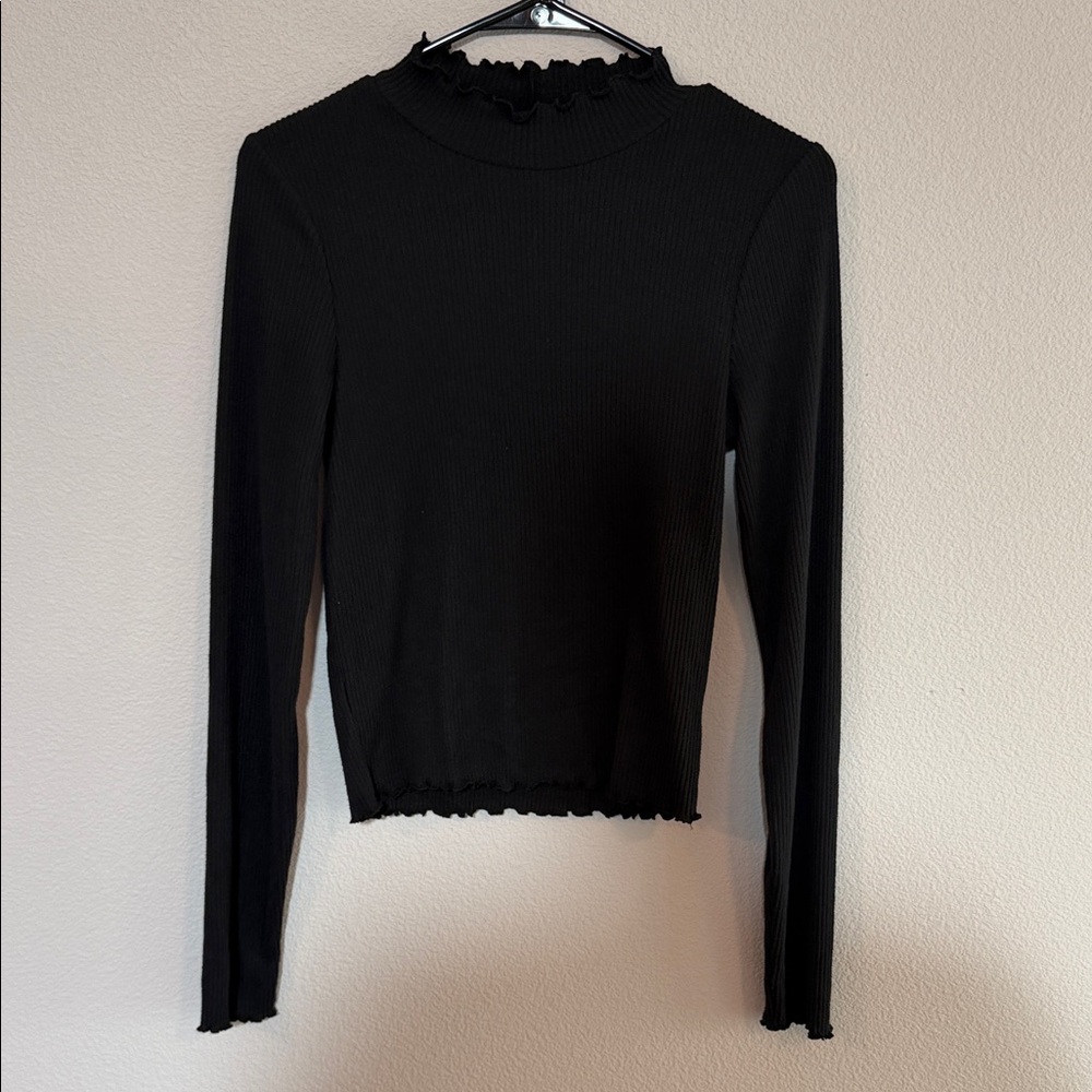 American Eagle Outfitters Black Ribbed Long Sleeve Top with Ruffle Trim